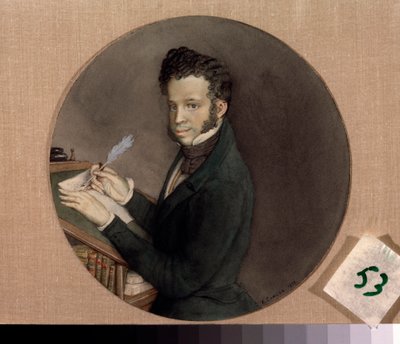 Porträtt av författaren Alexander Pushkin (Pushkin) (1799-1837). Verk av Konstantin (Constantin) Andreyevich Somov (1869-1939), akvarell på papper av Konstantin Andreevic Somov