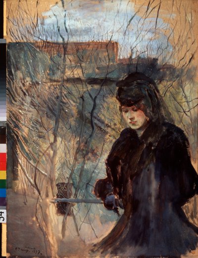 Printemps (Vår) (En kvinna klädd i svart, ser melankolisk ut och tittar ner, lutad mot en tunn barriär) - Verk av Konstantin (Constantin) Andreyevich Somov (1869-1939), akvarell och gouache på kartong av Konstantin Andreevic Somov