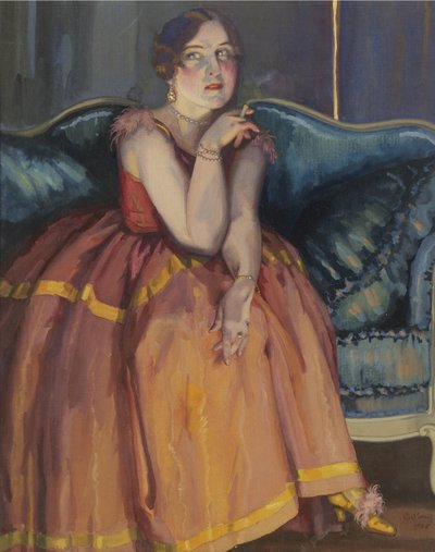 Kvinna som röker en cigarett på en soffa av Konstantin Andreevic Somov