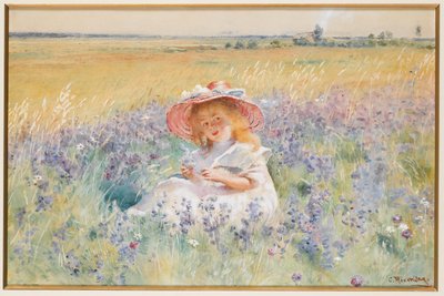 En ung flicka på ett fält av Salvia, Oxeye Daisies och Meadow Foxtail, av Konstantin Egorovich Makovsky