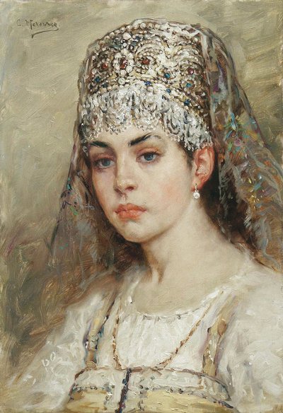 Porträtt av en bojarkvinna (bräda, boiar): hon är klädd i en sarafanklänning och har en kokoshnik på huvudet, en traditionell frisyr - Målning av Konstantin Yegorovich Makovsky (Constantin Makovski) (1839-1915) av Konstantin Egorovich Makovsky