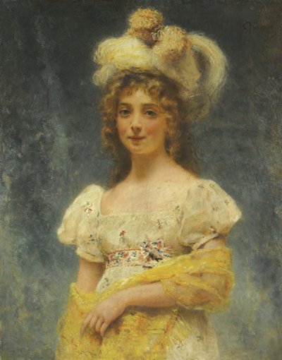 Porträtt av en dam i en gul sjal av Konstantin Egorovich Makovsky