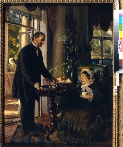 En herrgård chatelaine. (En gammal dam tar te, serverat av en tjänare som skänker bröd och sylt till henne). Målning av Konstantin Yegorovich Makovsky (Constantin Makovsky) (1839-1915), olja på duk av Konstantin Egorovich Makovsky