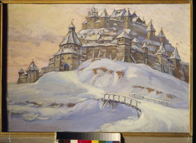 Gammal rysk fästning. (Träbefäst stad, under snön i Ukraina på medeltiden). Verk av Konstantin (Constantin) Ivanovich Gorbatov (1876-1945), tempera på trä, tidigt 1900-tal. Privat samling. av Konstantin Ivanovich Gorbatov