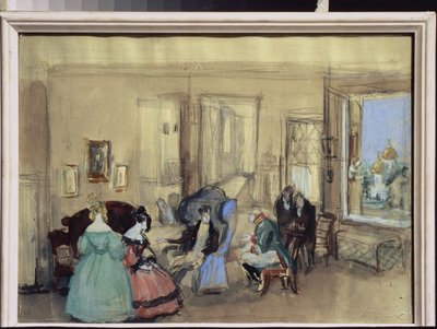 En scen ur teaterpjäsen ""The Revizor"" av Nicolas Gogol (1809-1852) (En scen ur teaterpjäsen The Reviser av N. Gogol) - Verk av Konstantin Ivanovich Rudakov (Constantin Roudakov) (1891-1949) , akvarell och gouache på papper - Art scenograp av Konstantin Ivanovich Rudakov