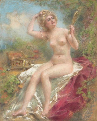 Sittande naken som tittar i en spegel av Konstantin Makovsky