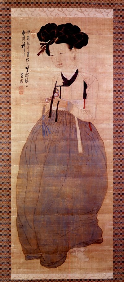 Art Coreen: Porträtt av geisha (Corean flicka i geishadräkt). Tryck från 1758. Privat samling. av Korean School