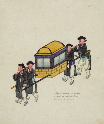 Fyra bärare som bär en tjänsteman i en "gama" eller palanquin, c.1890 av Korean School