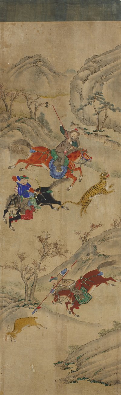 Jaktscen (3 ryttare som jagar rådjur och tiger) (wc på papper) av Korean School