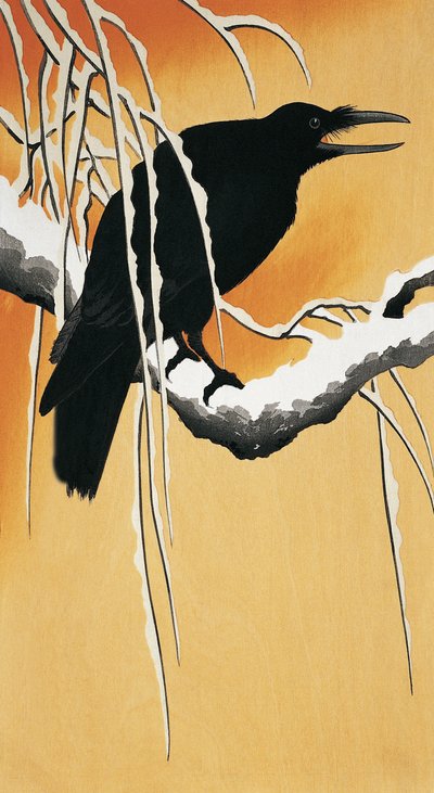 Korp som sitter på en gren (Corvus corax) av Ohara Koson