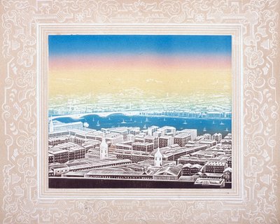 Flygfoto över London med dekorativ bård, c1845. av Kronheim and Co