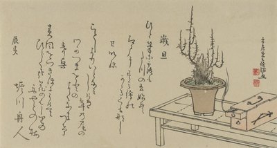 Bonsai plommonträd på bänk och låda, 1796. av Kubo Shunman