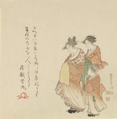 Kurtisan med två skötare, 1797. av Kubo Shunman