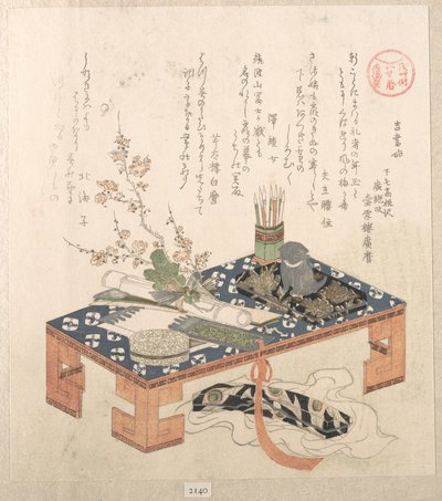 ”Skrivbord med skrivset och plommonblommor”, ur serien Isekalendrar för Asakusagruppen (Asakusa-gawa Ise goyomi). Ur samlingen Vårregn (Harusame shū), vol. 2 av Kubo Shunman