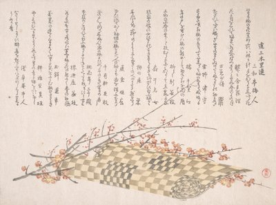 Plommongrenar med blommor och en rullmatta, 1800-talet. av Kubo Shunman