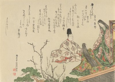 Sittande hovmästare med två hovdamer av plommon och tall, 1796. av Kubo Shunman