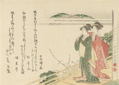 Två unga kvinnor på en veranda, 1796. av Kubo Shunman