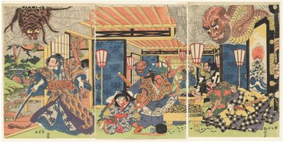 Minamoto no Yorimitsu och hans följeslagare besegrar jordspindeln, ca 1804-1818 (träsnitt (nishiki-e); bläck och färg på papper) av Kuninaga Utagawa