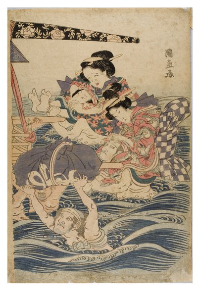Vårscen med unga kvinnor på resa, ca 1786-1864 (träblocktryck på papper) av Kuninaga Utagawa