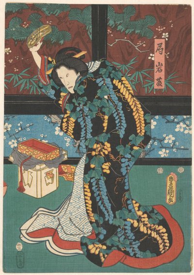 Scen från Play The Mirror Mountain Dam i väntande Iwafuji med sandal i handen av Kunisada (I) , Utagawa