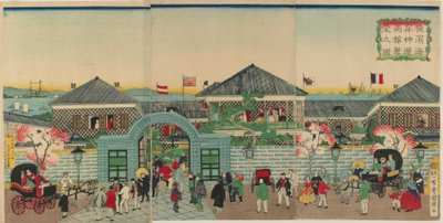 Bild på välståndet för merkantila anläggningar längs Nakadouri på Yokohama, Meiji-eran, 1870 (träblock i färg) av Kuniteru II Utagawa
