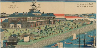 Tsukiji-hotellets trädgård vid havet i den östra huvudstaden, Meiji-eran, 1868 (färgtryck) av Kuniteru II Utagawa