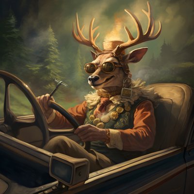 Ett rådjur med en cigarr i munnen som kör en cabriolet bil 1 av Kurt Heppke