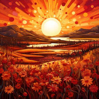 Abstrakt landskapskonst som presenterar ett fält av vilda blommor och en djärv röd sol. 2 av Kurt Heppke