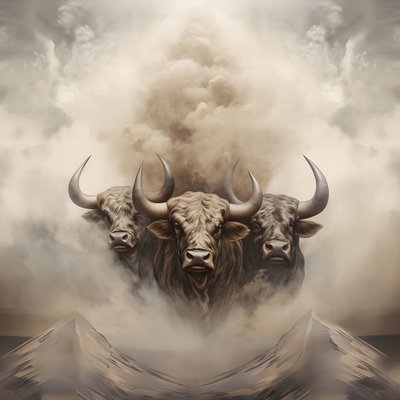 En fraktal abstrakt canvasmålning, beige vit rökstruktur. 3 svarta tjurar dyker upp ur röken med berget Ararat vid horisonten. Poser påminner om tjurar på Wall Street i New York. 1 av Kurt Heppke