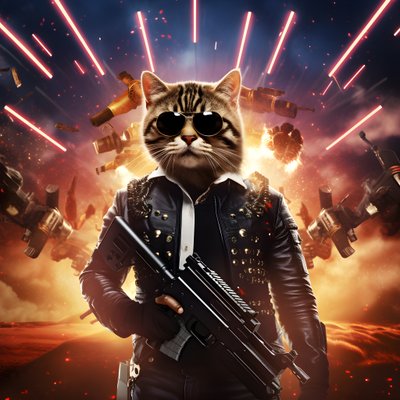 Filmaffisch av en katt som bär en svart och vit prickig skjorta och glänsande solglasögon med explosioner och kanoner i bakgrunden 2 av Kurt Heppke