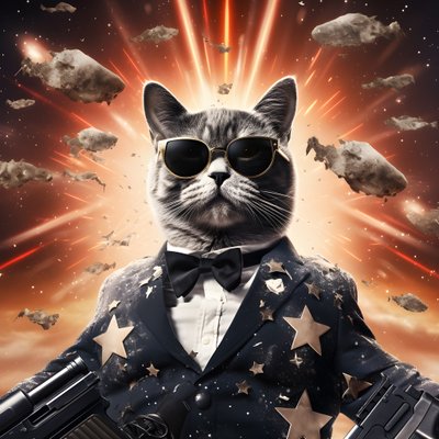 Filmaffisch med en katt som bär en svartvit prickig skjorta och glänsande solglasögon, med explosioner och kanoner i bakgrunden 4 av Kurt Heppke