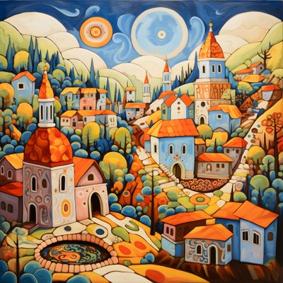 Målning av en bulgarisk by, ortodox kyrka 4 av Kurt Heppke