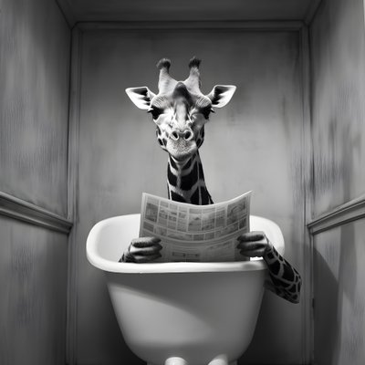 Glad giraff sitter på toaletten med tidning 1 av Kurt Heppke