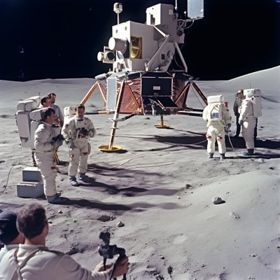 Grupp människor med TV-kamera för att visa förfalskningen av Apollo 11-projektet 2 av Kurt Heppke