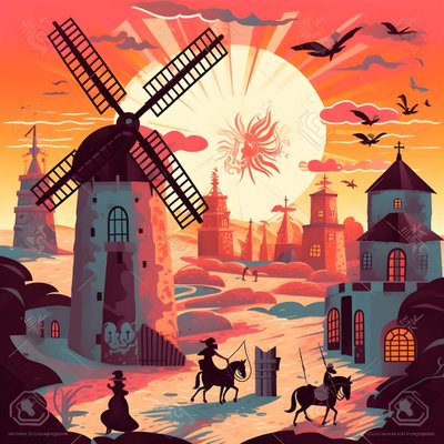 Bakgrund Don Quijote längst till höger på sin åsna liten som en skugga, framför väderkvarnarna, en passande bakgrund 2 av Kurt Heppke