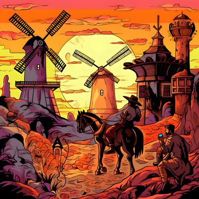 Bakgrund Don Quijote längst till höger på sin åsna liten som en skugga, framför väderkvarnarna, en passande bakgrund 3 av Kurt Heppke