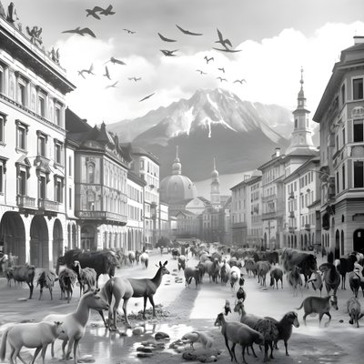 Innsbruck i ett gammalt fotografi med eleganta zebror, måsar, apor och lerfigurer. 2 av Kurt Heppke