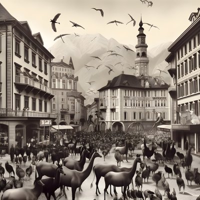 Innsbruck i ett gammalt fotografi med eleganta zebror, måsar, apor och lerfigurer. 4 av Kurt Heppke