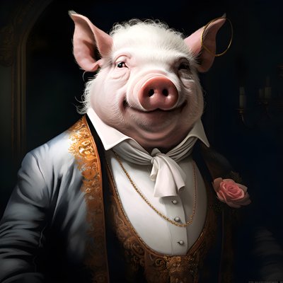 Kall och dominerande antropomorf grisplantageägare, genomträngande ögon, fet knubbig kropp, cigarr i handen, utsökt chic sydlig vit kostym och väst, fickur på en kedja, monokel, vit filthatt, närbild av Kurt Heppke