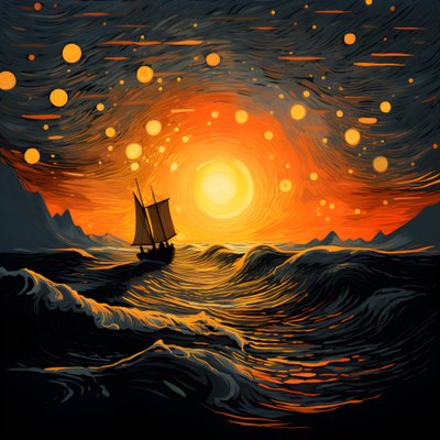 Solnedgång, orange-gul sol, moln, fem roterande cirklar av moln på en stor himmel, exakta vågor och orange-gula solnedgångsmoln som reflekteras på vågorna, en båt går ut till havet 1 av Kurt Heppke