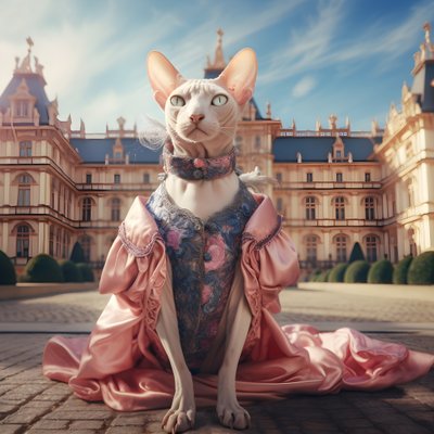 Sphynx-katt i en balklänning mot bakgrund av ett magnifikt medeltida palats 1 av Kurt Heppke