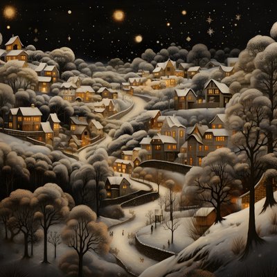 en by på natten under snötäckta träd 3 av Kurt Heppke