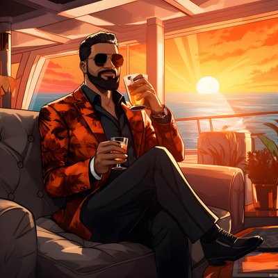 en rik man, välklädd, sitter på ett privat kryssningsfartyg och dricker en cocktail 3 av Kurt Heppke