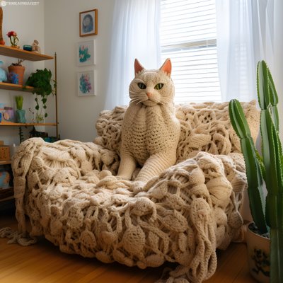 en enorm virkad katt i ett realistiskt vardagsrum 3 av Kurt Heppke