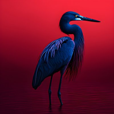 synthwave digital konstverk av en exotisk koboltblå häger på rött papper 3 av Kurt Heppke