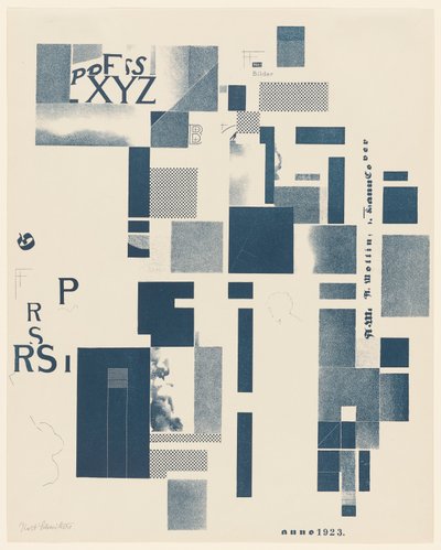 Utan titel, nr 3 av 6 ur portföljen Merz 3. Kurt Schwitters 6 litografier. Merz mapp. Första portföljen av Merz förlag (Merz 3. Kurt Schwitters 6 lithos. Merz Portfolio. Första portföljen av Merz Publisher) av Kurt Schwitters