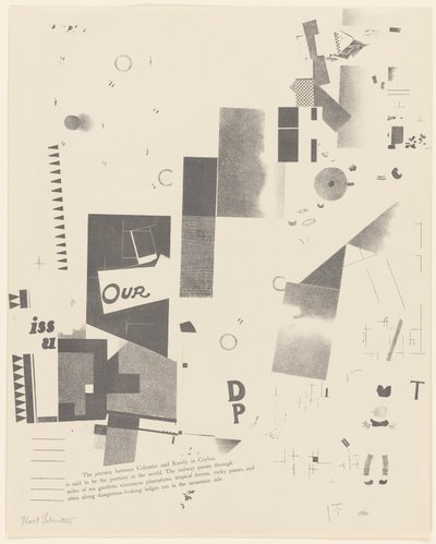 Utan titel, nr 6 av 6 ur portföljen Merz 3. Kurt Schwitters 6 litografier. Merz mapp. Första portföljen av Merz förlag (Merz 3. Kurt Schwitters 6 lithos. Merz Portfolio. Första portföljen av Merz Publisher) av Kurt Schwitters