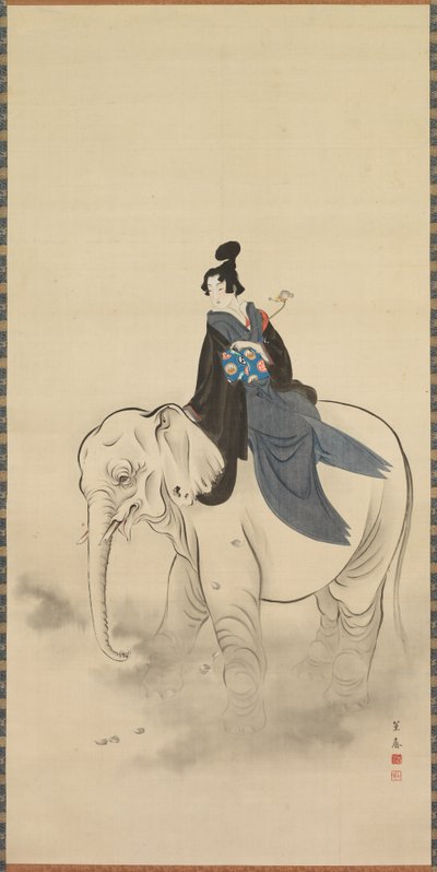 Courtesan Riding an Elephant Parodi på Bodhisattva Fugen, 1800-talet. av Kuwagata Keisai