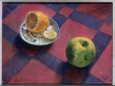 Äpple och citron. (Äpple och citron). Målning av Kuzma Sergeevich Petrov Vodkin (Petrov-Vodkin) (Kouzma Petrov Vodkin) (Petrov-Vodkin) (1878-1939), olja på duk av Kuzma Sergeevich Petrov-Vodkin