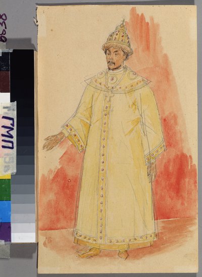 Kostymprojekt för operan ""Boris Godunov"" av Modest Mussorgsky (1839-1881). Verk av Kuzma Sergeyevich Petrov Vodkin (Petrov-Vodkin) (Kouzma Petrov Vodkin) (Petrov-Vodkin) (1878-1939), penna och akvarell på papper av Kuzma Sergeevich Petrov-Vodkin